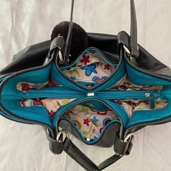 Espe Black Vegan Leather Purse Tote Bag pouch With Pom-Pom Floral Interior boho - Picture 6 of 14